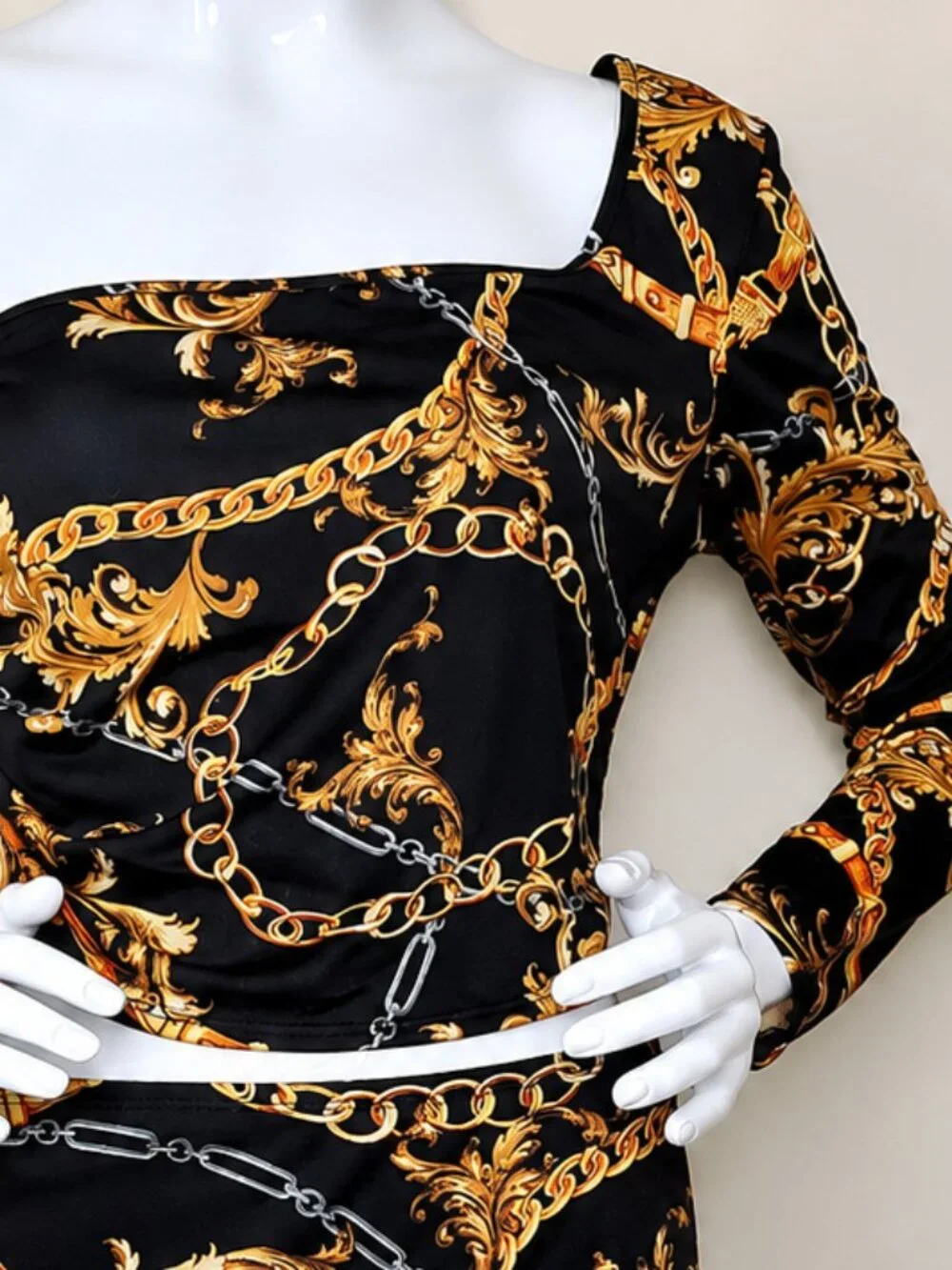 Touch Me Black/Bronze Chain Print Stylish Women's Two Piece Outfit SZ L